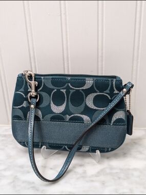 Coach Teal Signature Wristlet with Metallic Accents